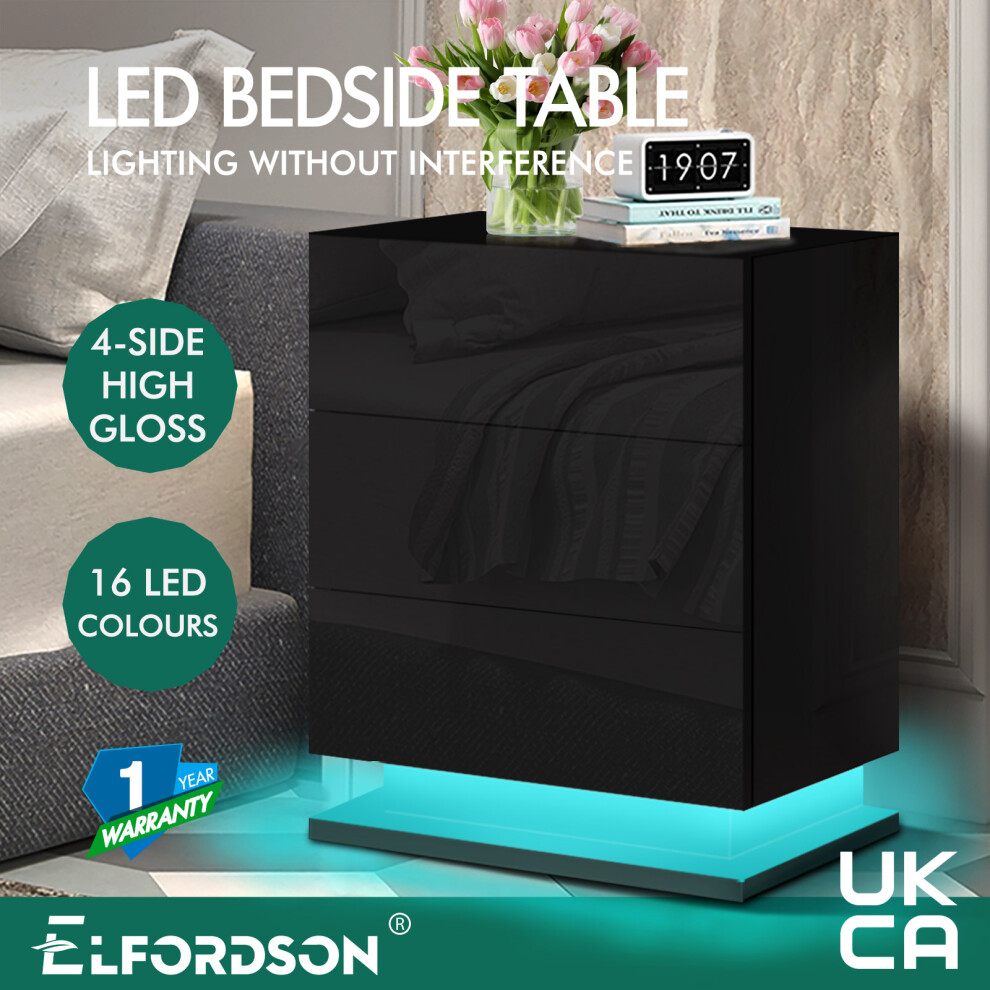 (ZAIM - 3 DRAWERS (BLACK)) ELFORDSON Bedside Table RGB LED Nightstand 2/3 Drawers 4 Side High Gloss