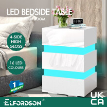 (ANNOT - 3 DRAWERS (WHITE)) ELFORDSON Bedside Table RGB LED Nightstand 2/3 Drawers 4 Side High Gloss