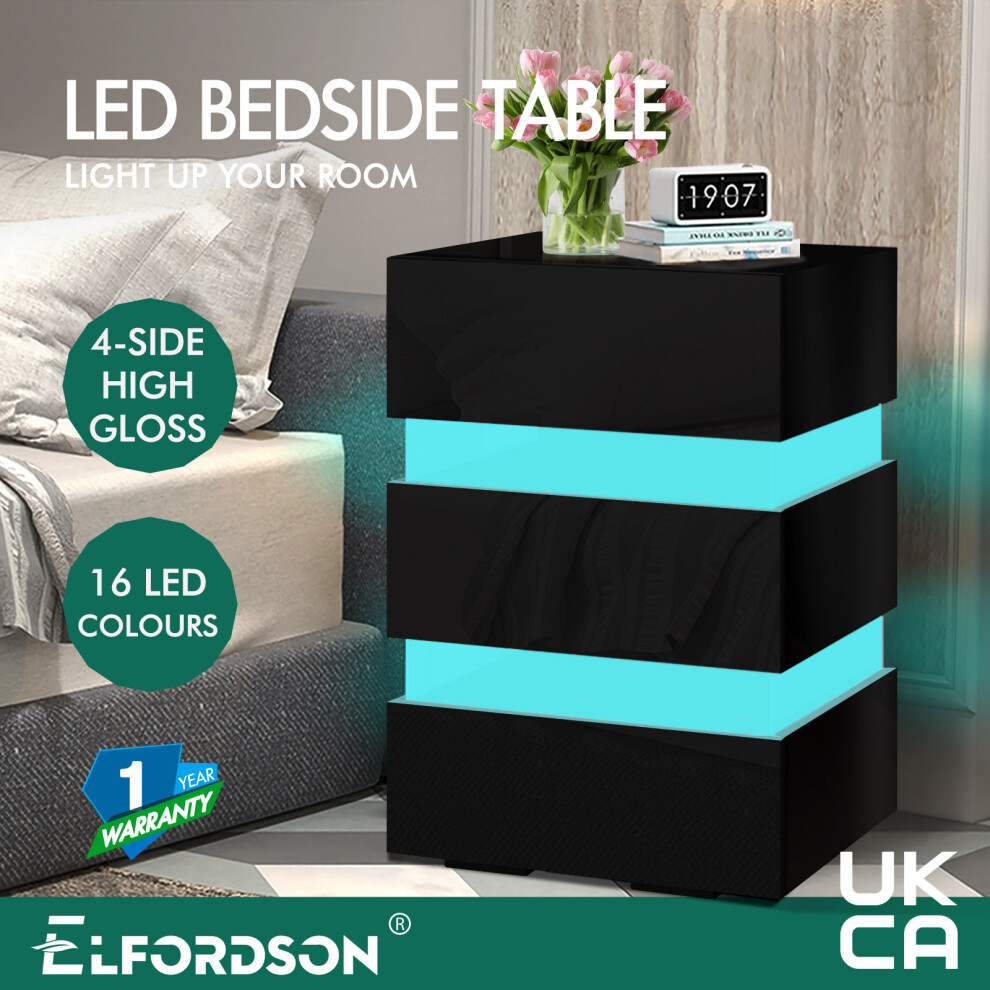 (ANNOT - 3 DRAWERS (BLACK)) ELFORDSON Bedside Table RGB LED Nightstand 2/3 Drawers 4 Side High Gloss