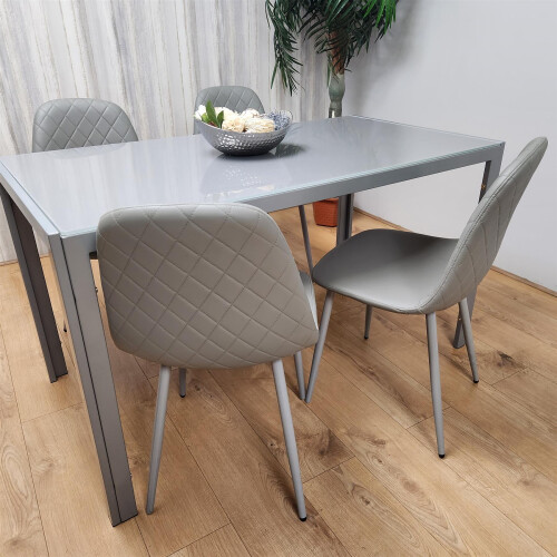 Glass Dining table and 4 grey leather chairs  Grey Glass Table 1