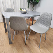 Glass Dining table and 4 grey leather chairs  Grey Glass Table