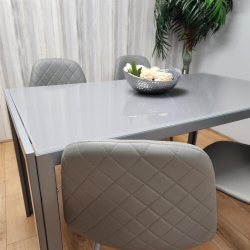 Glass Dining table and 4 grey leather chairs  Grey Glass Table 2