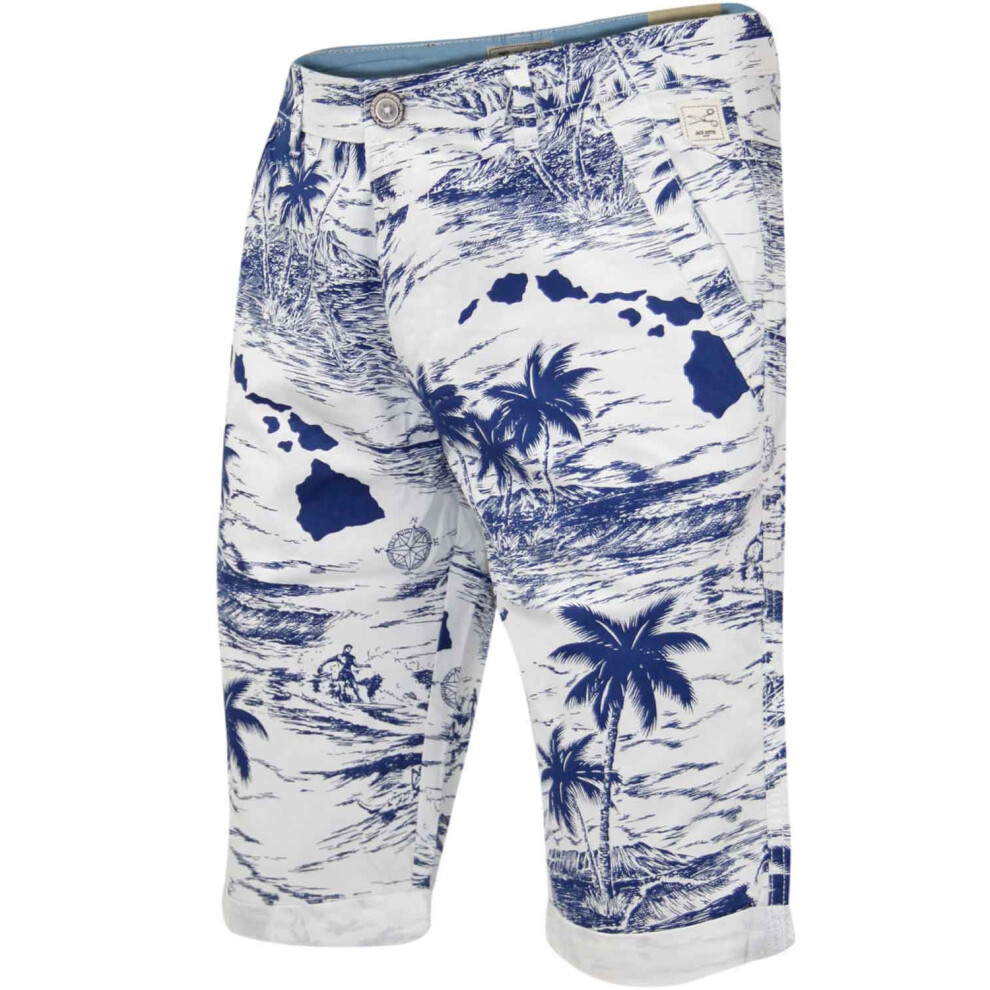 (White - Rich, 32) Men Chino Shorts Summer Hawaiian Floral Beach Pant