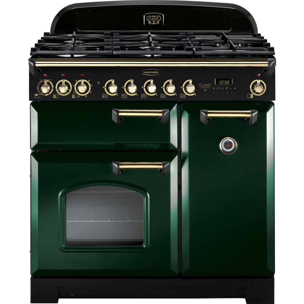 Rangemaster Classic Deluxe 90cm Dual Fuel Range Cooker - Racing Green / Brass - A/A Rated