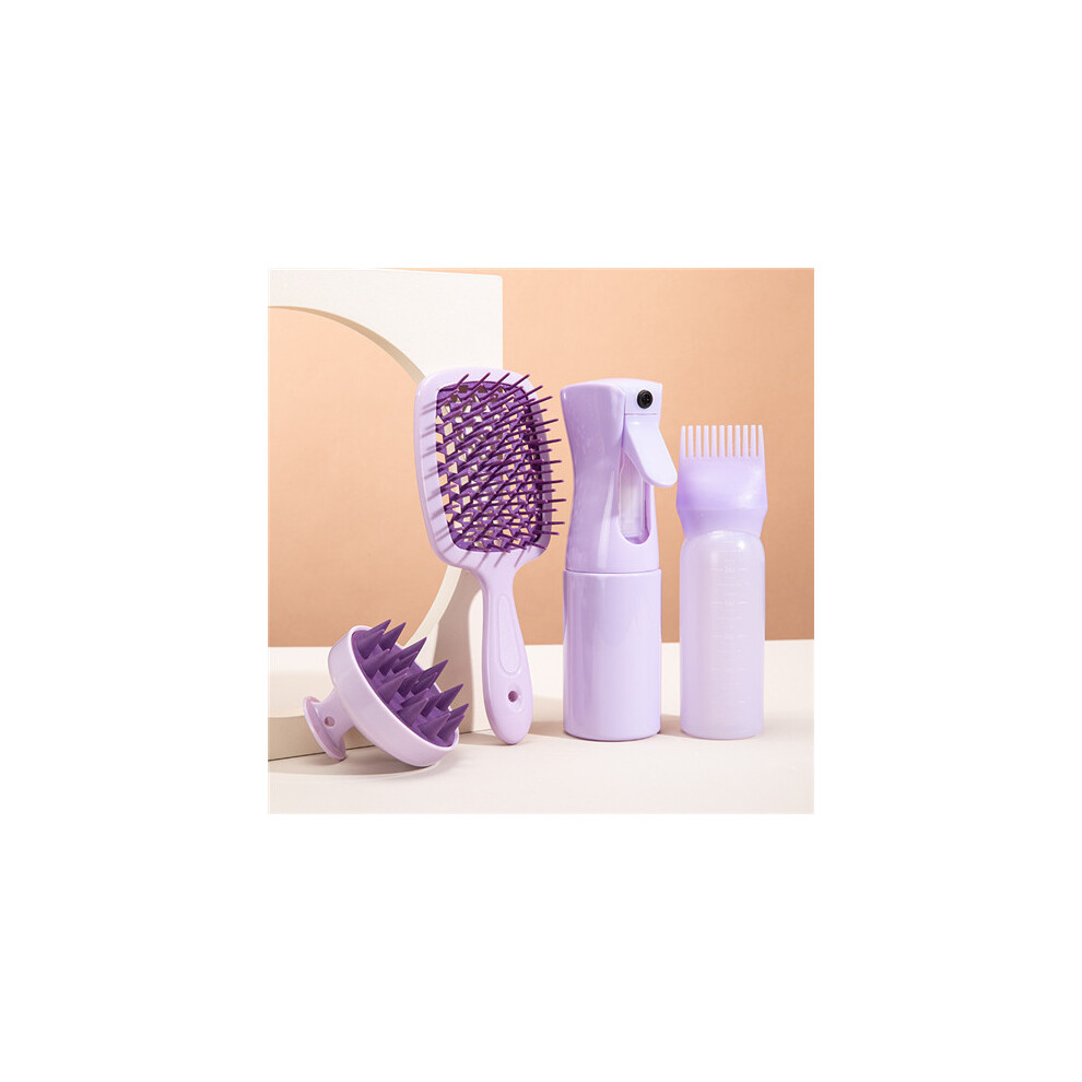 (Purple) 4Pcs Silicone Comb Hair Brush Hairdressing Hair Dye Applicator Bottle Spray