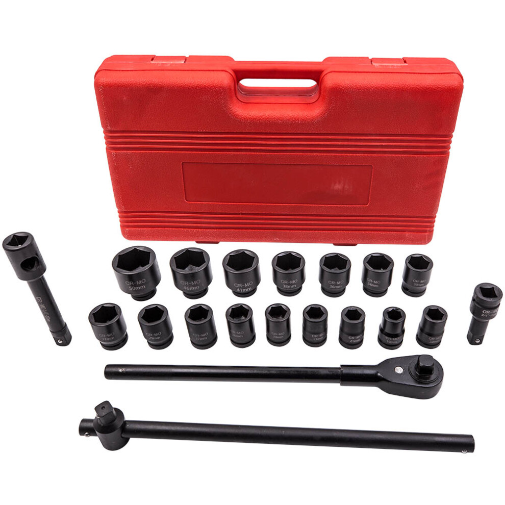 21PCS 3/4 inch 19-50mm Drive Deep Impact Socket Set Garage Repair Ratchets