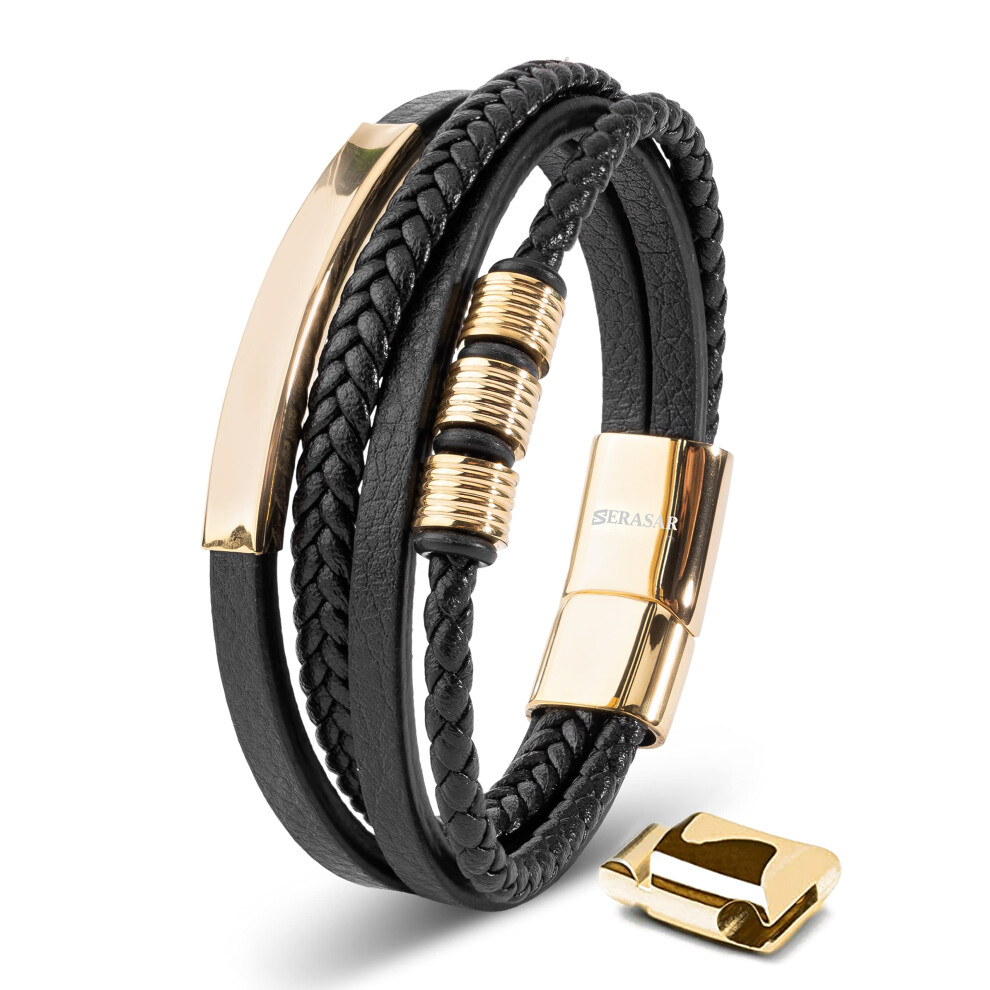 (Gold, 20cm) SERASAR|Leather Bracelet For Men "Brave"