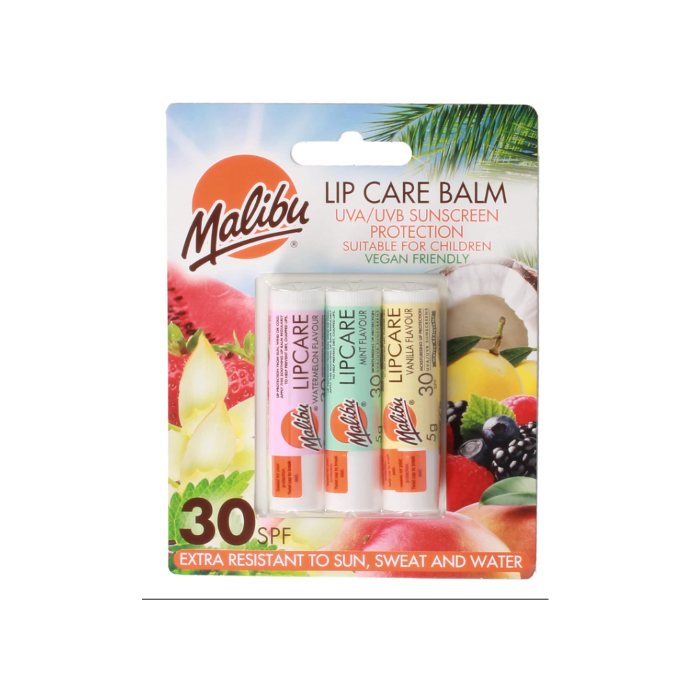 Malibu Spf 30 Lip Balm Sunscreen, Watermelon, Mint And Vanilla, 3 X 5G