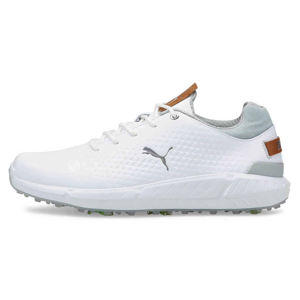 (UK 10, White/Silver) Puma Golf 2024 Mens IGNITE ARTICULATE Leather Soft Spiked Waterproof Golf Shoes