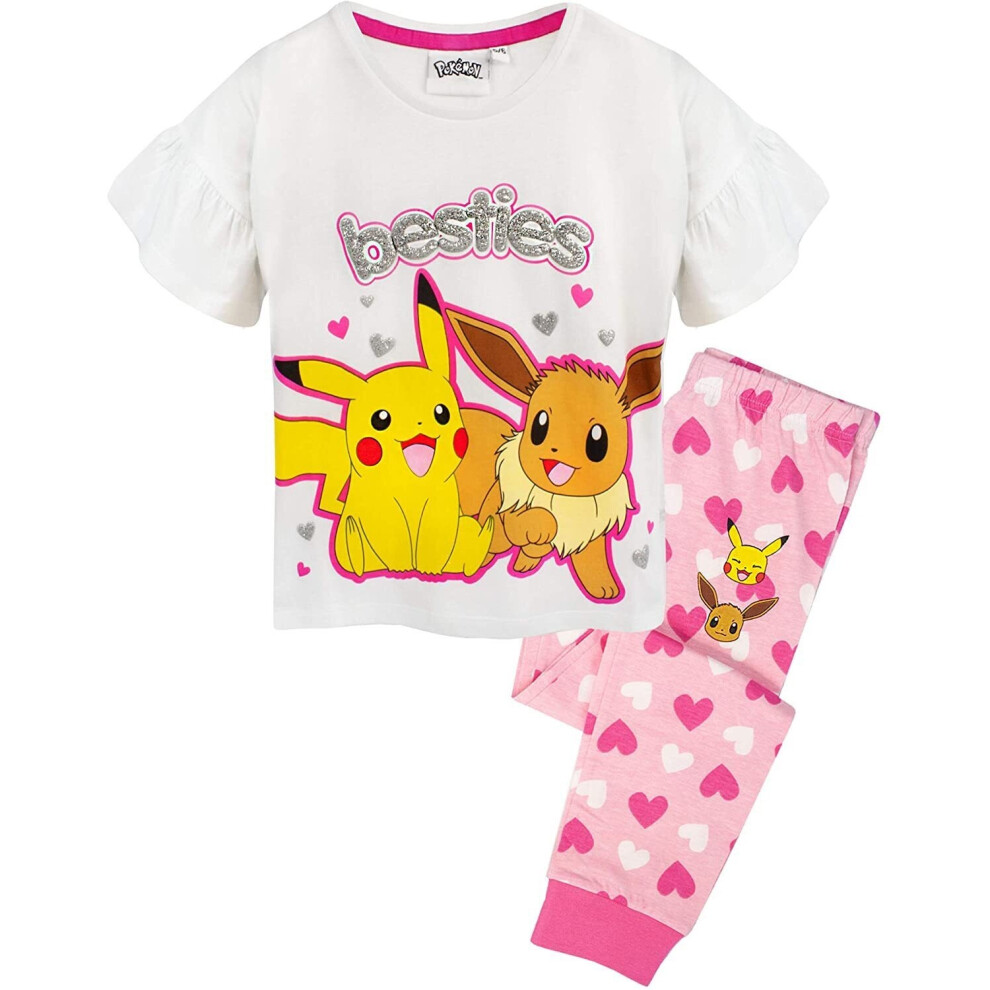 (7-8 Years, White/Pink/Silver) Pokemon Girls Besties Long Pyjama Set