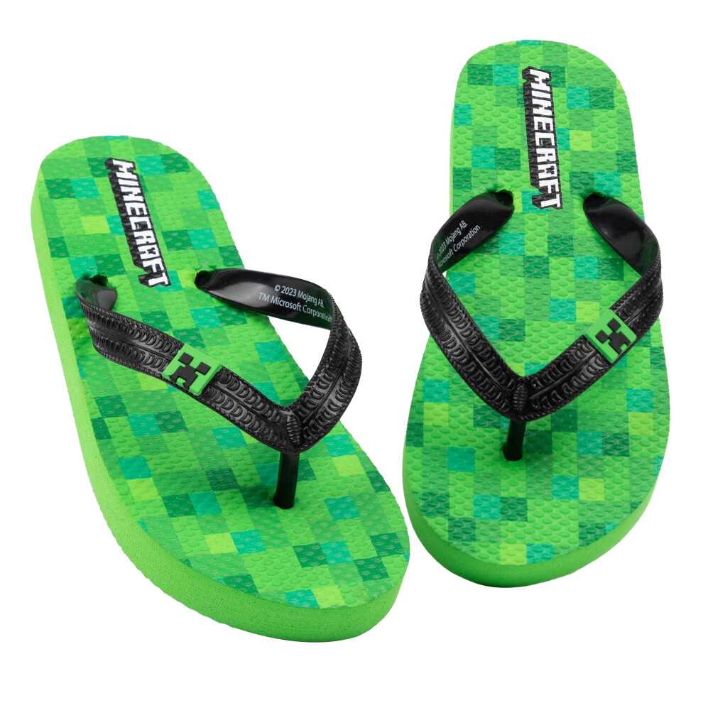 (13 UK Child, Green) Minecraft Childrens/Kids Creeper Flip Flops