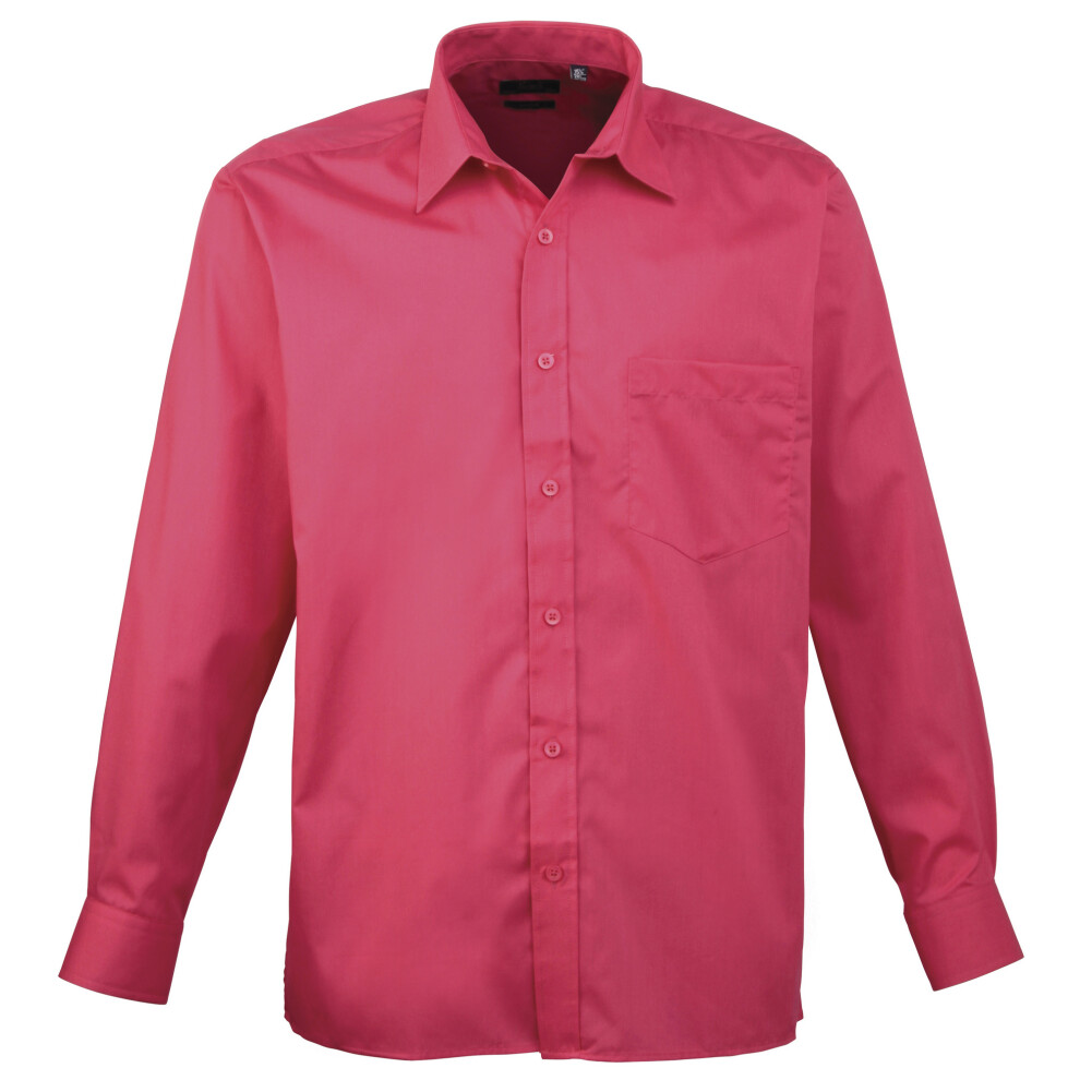 (17, Hot Pink) Premier Mens Long Sleeve Formal Plain Work Poplin Shirt
