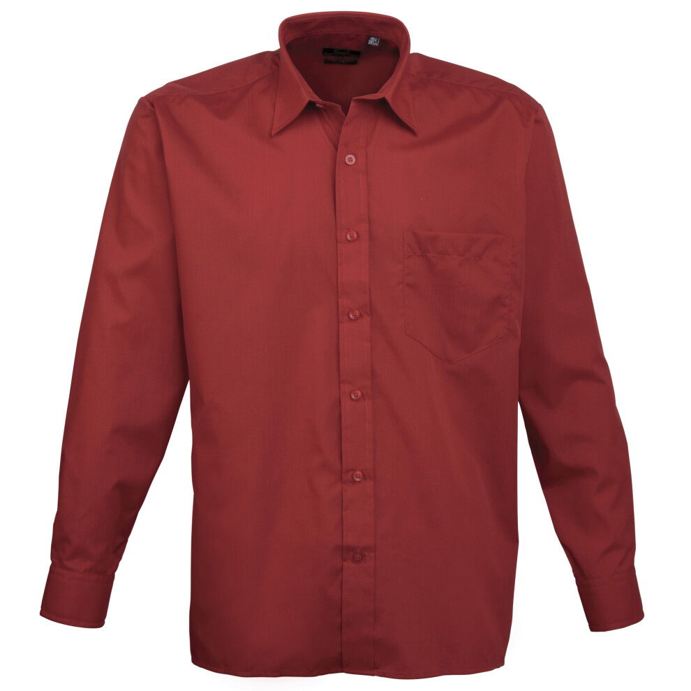 (22, Burgundy) Premier Mens Long Sleeve Formal Plain Work Poplin Shirt