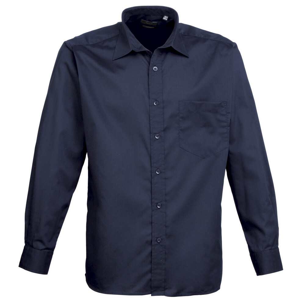 (23, Navy) Premier Mens Long Sleeve Formal Plain Work Poplin Shirt