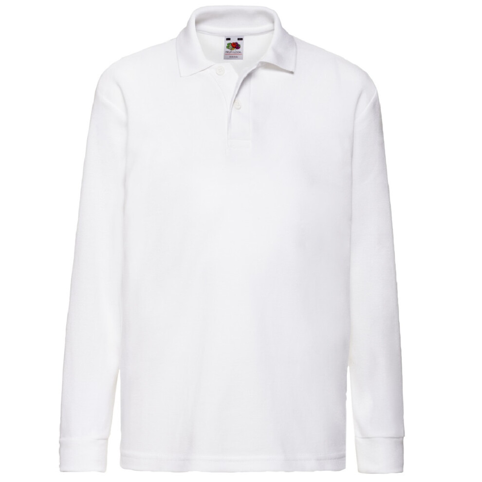 (3-4, White) Fruit Of The Loom Childrens Long Sleeve 65/35 Pique Polo / Childrens Polo Shirts