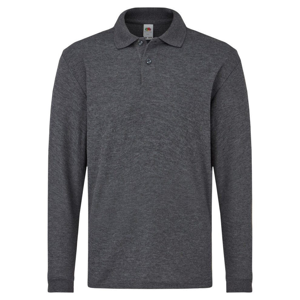 (14-15, Heather Grey) Fruit Of The Loom Childrens Long Sleeve 65/35 Pique Polo / Childrens Polo Shirts