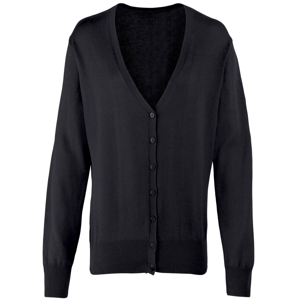 (24, Black) Premier Womens/Ladies Button Through Long Sleeve V-neck Knitted Cardigan