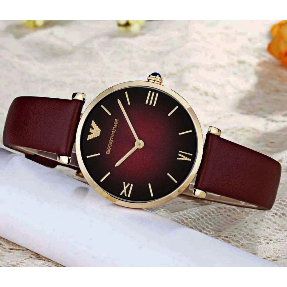 Emporio Armani Ladies Watch AR1757 Retro Crystal Red Dial Brown Band