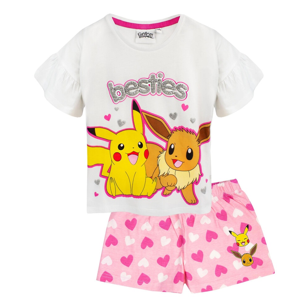(7-8 Years, White/Pink/Yellow) Pokemon Girls Besties Pikachu & Eevee Frill Short Pyjama Set (Pack of 3)