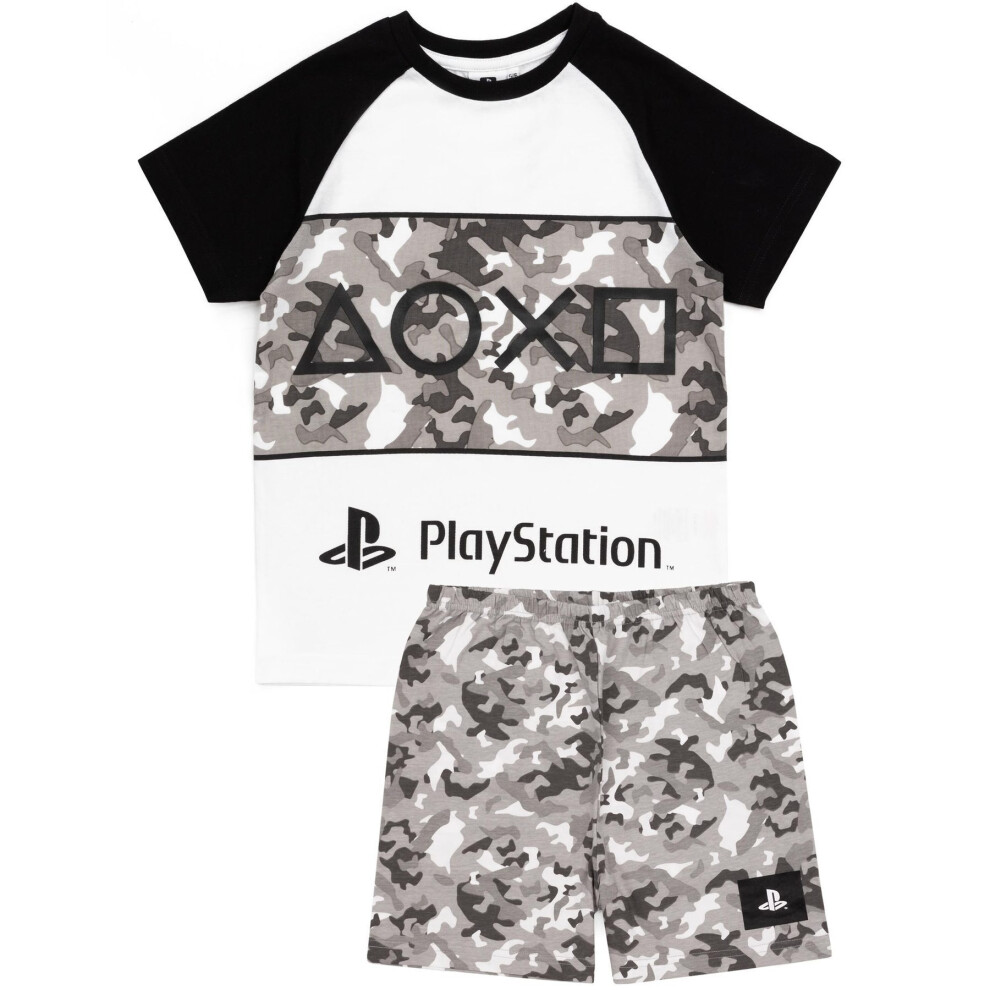(13-14 Years, Black/Grey/White) Playstation Boys Gaming Camo Short Pyjama Set