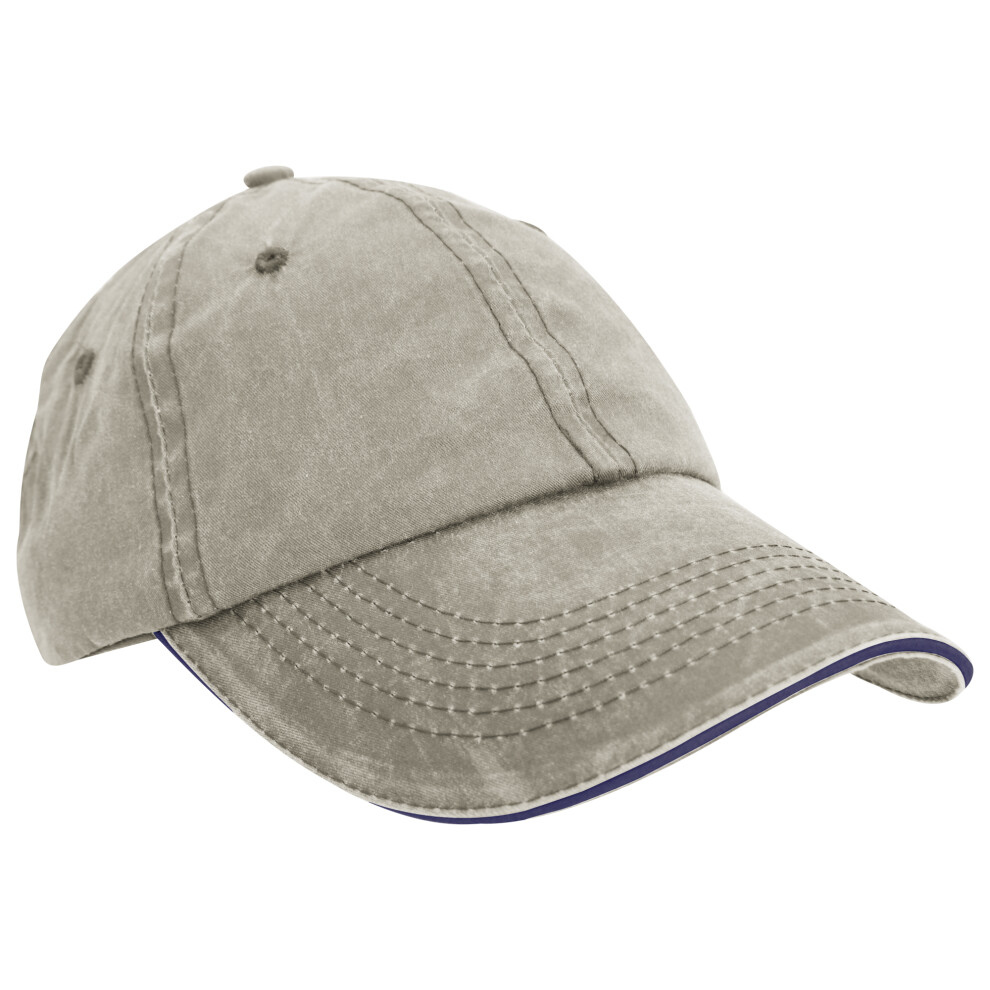 (One Size, Putty/Navy) Result Washed Fine Line Cotton Baseball Cap With Sandwich Peak