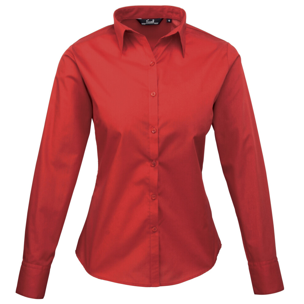 (16, Red) Premier Womens/Ladies Poplin Long Sleeve Blouse / Plain Work Shirt