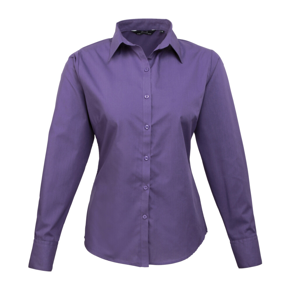 (16, Purple) Premier Womens/Ladies Poplin Long Sleeve Blouse / Plain Work Shirt