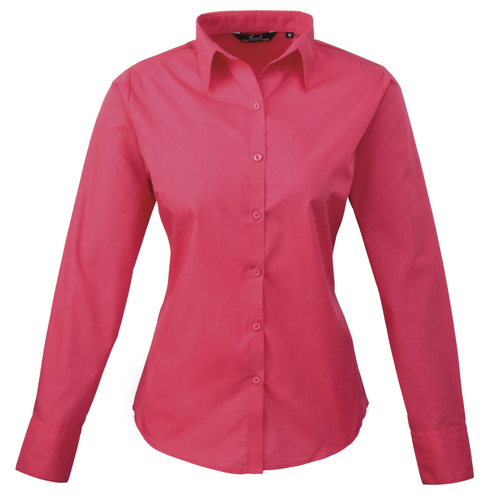 (26, Hot Pink) Premier Womens/Ladies Poplin Long Sleeve Blouse / Plain Work Shirt