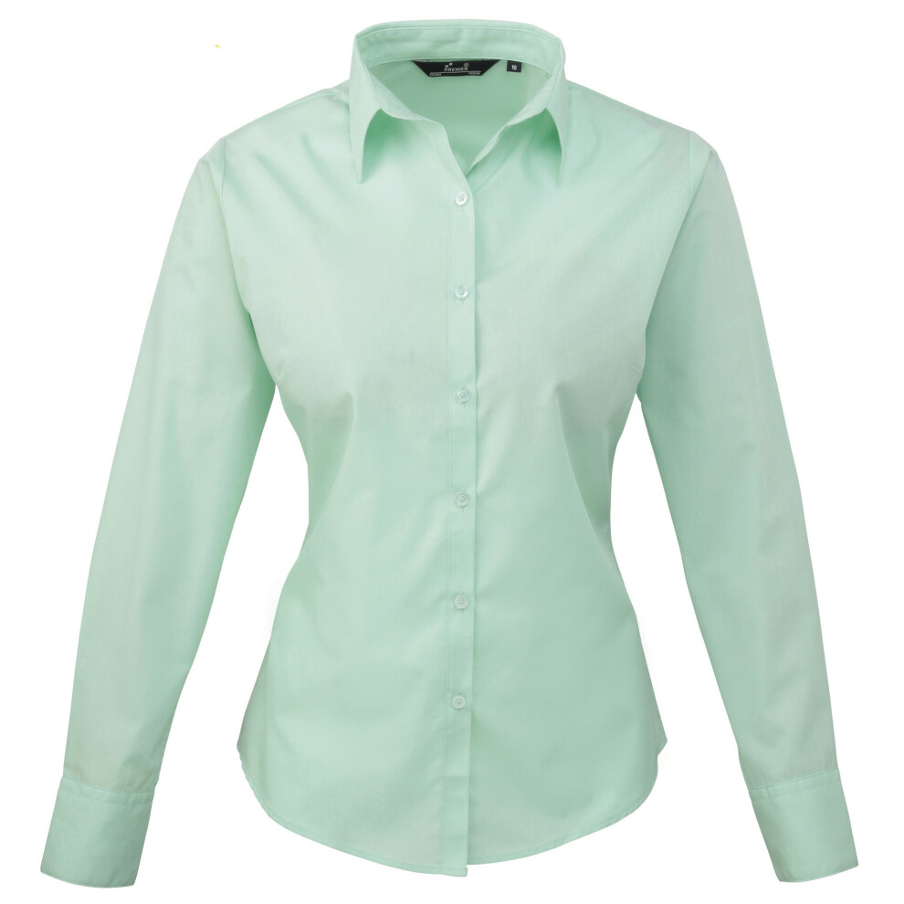 (22, Aqua) Premier Womens/Ladies Poplin Long Sleeve Blouse / Plain Work Shirt