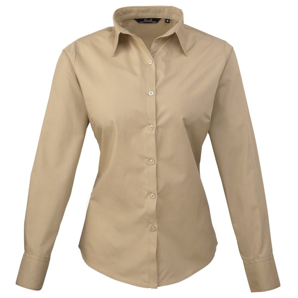 (24, Khaki) Premier Womens/Ladies Poplin Long Sleeve Blouse / Plain Work Shirt