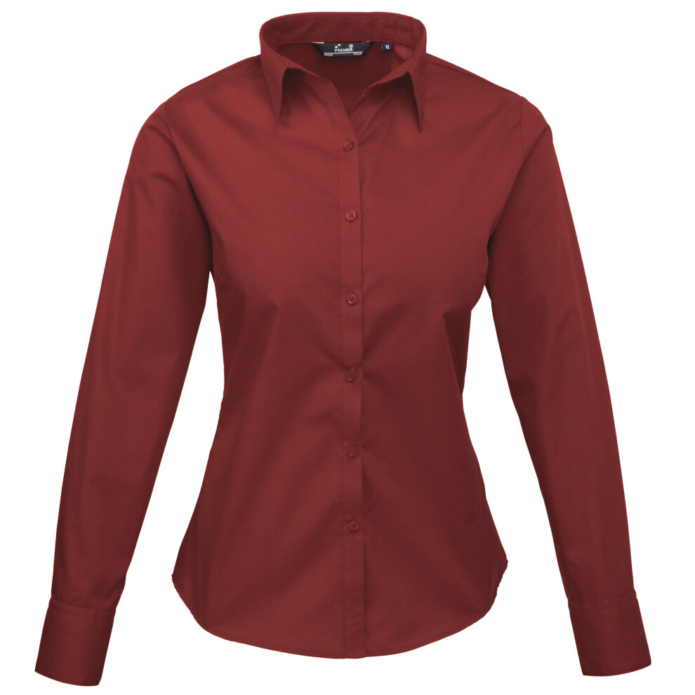 (30, Burgundy) Premier Womens/Ladies Poplin Long Sleeve Blouse / Plain Work Shirt