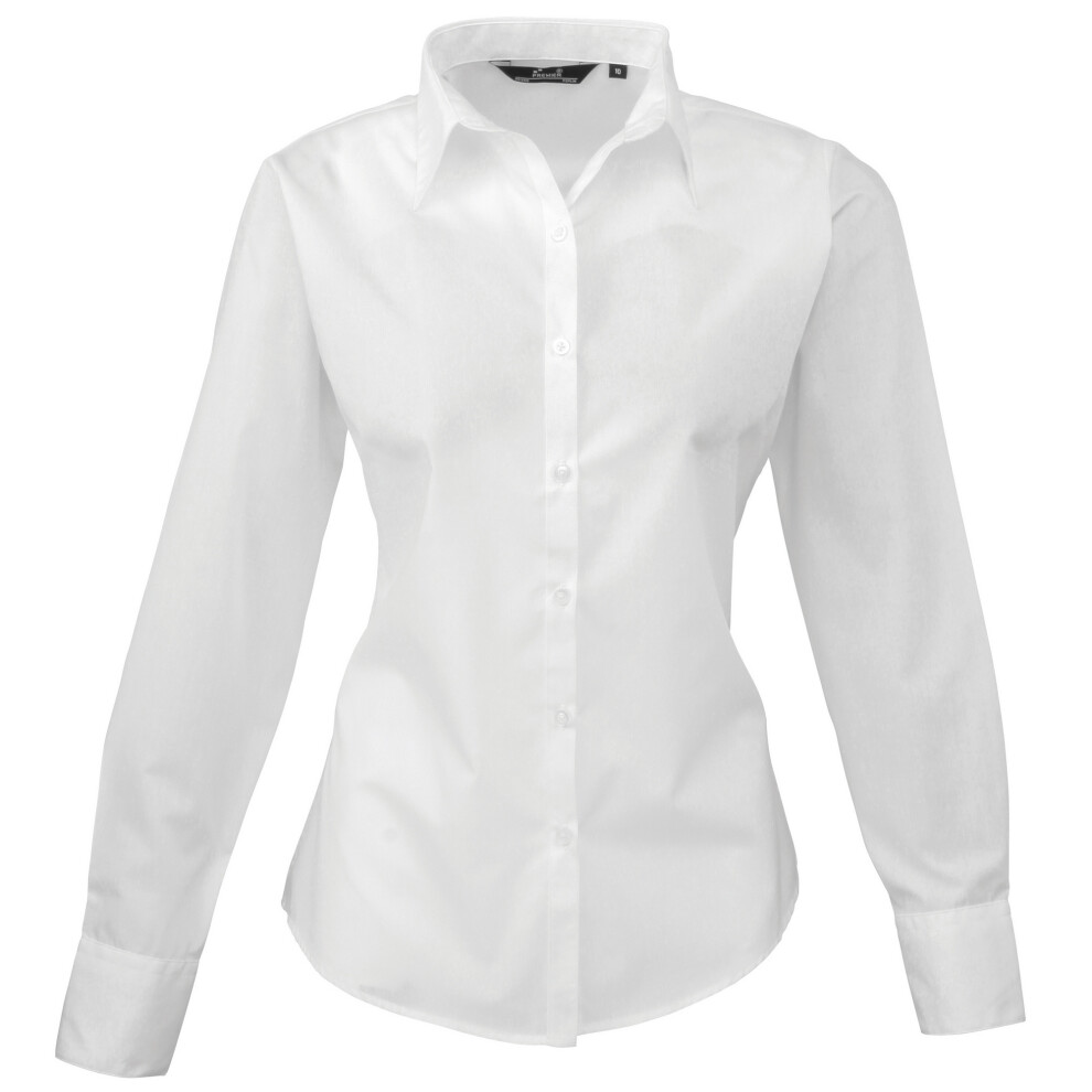 (28, White) Premier Womens/Ladies Poplin Long Sleeve Blouse / Plain Work Shirt