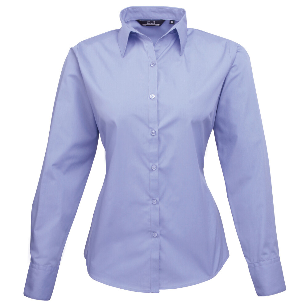 (30, Mid blue) Premier Womens/Ladies Poplin Long Sleeve Blouse / Plain Work Shirt