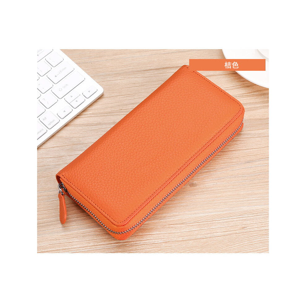 (Orange) Leather Genuine Wallet Long Multifunctional Zipper Handbag Rfid Anti Magnetic