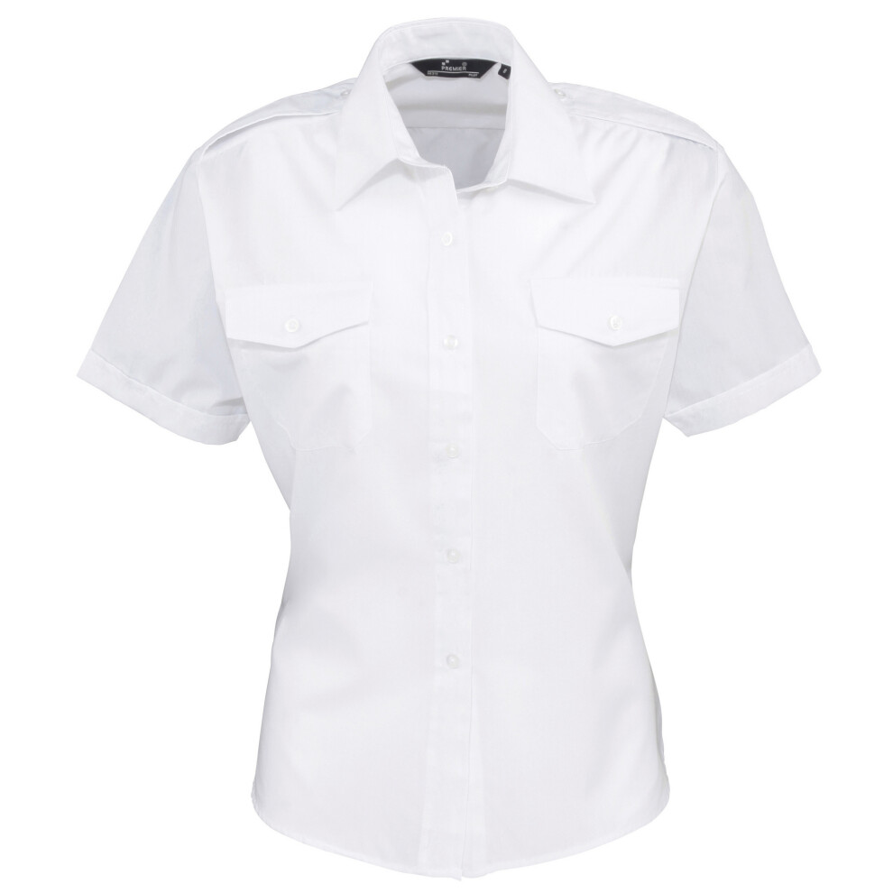 (20, White) Premier Womens/Ladies Short Sleeve Pilot Blouse / Plain Work Shirt
