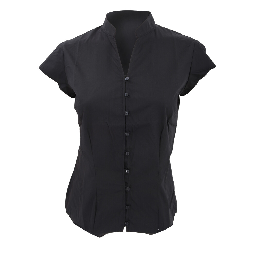 (18 UK, Black) Kustom Kit Ladies Continental Blouse Mandarin Collar Cap Sleeve