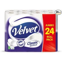 Velvet Classic Quilted Toilet Paper Bulk Buy, 24 White 3 ply Toilet Tissue Rolls, 24 Count (Pack of 1)