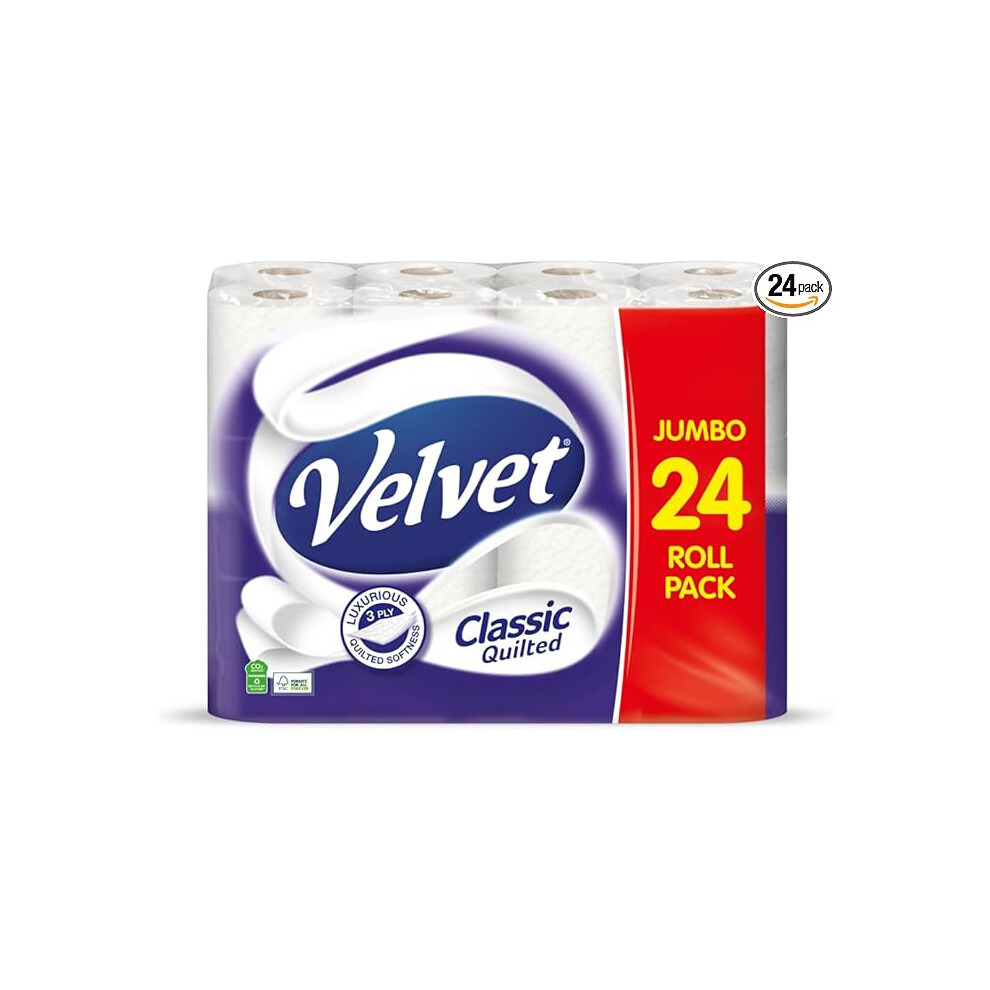 Velvet Classic Quilted Toilet Paper Bulk Buy, 24 White 3 ply Toilet Tissue Rolls, 24 Count (Pack of 1)