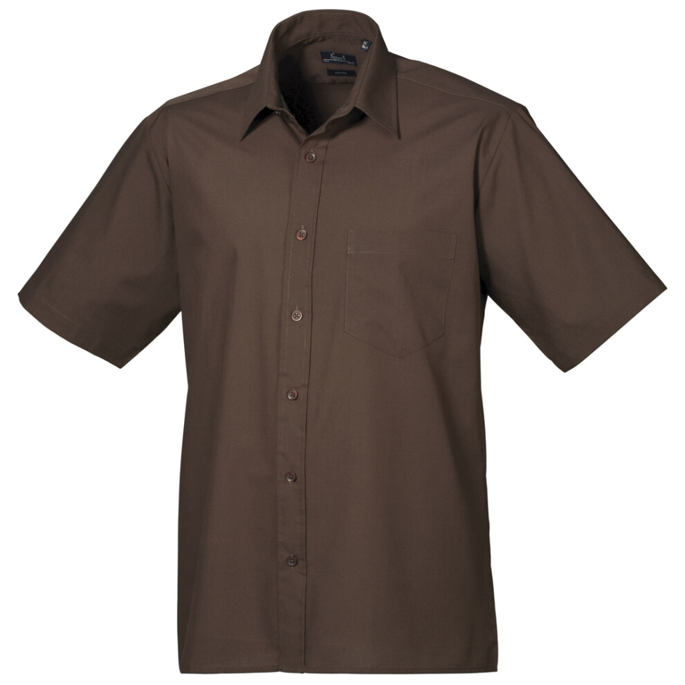 (16, Brown) Premier Mens Short Sleeve Formal Poplin Plain Work Shirt