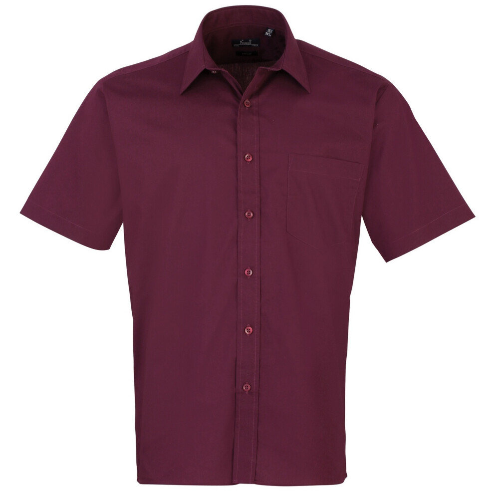 (15.5, Aubergine) Premier Mens Short Sleeve Formal Poplin Plain Work Shirt