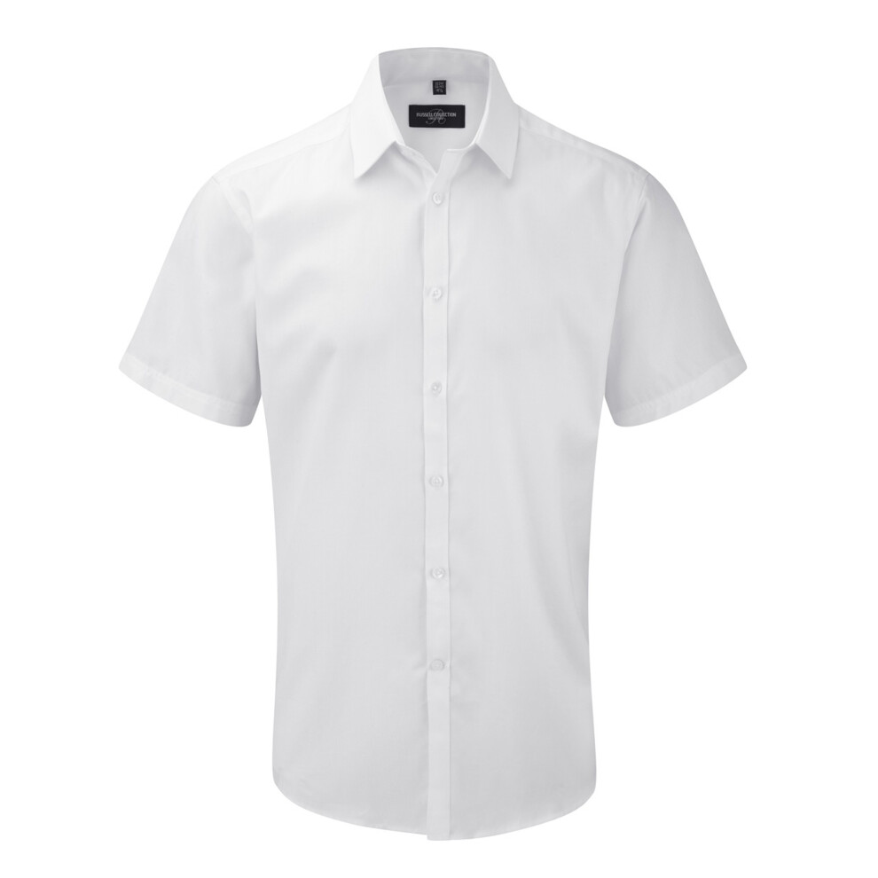 (17, White) Russell Mens Short Sleeve Herringbone Work Shirt