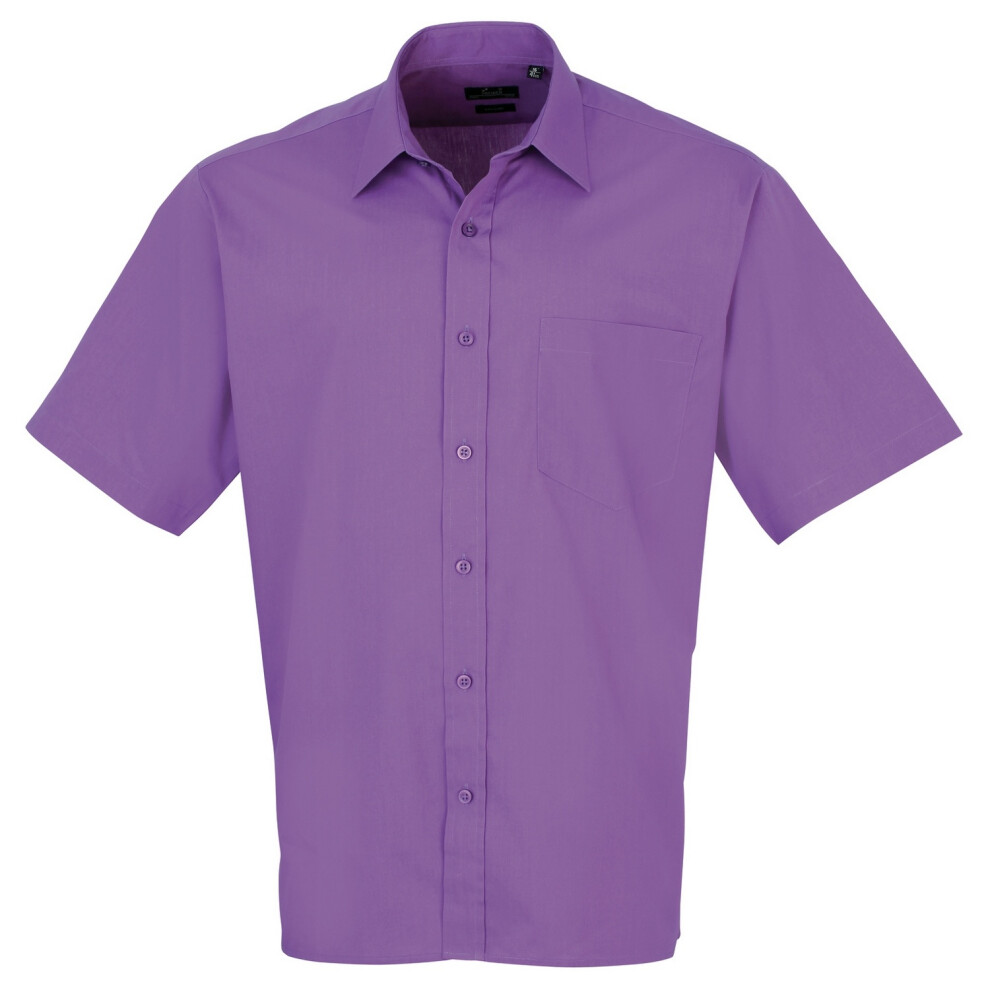 (16, Rich Violet) Premier Mens Short Sleeve Formal Poplin Plain Work Shirt