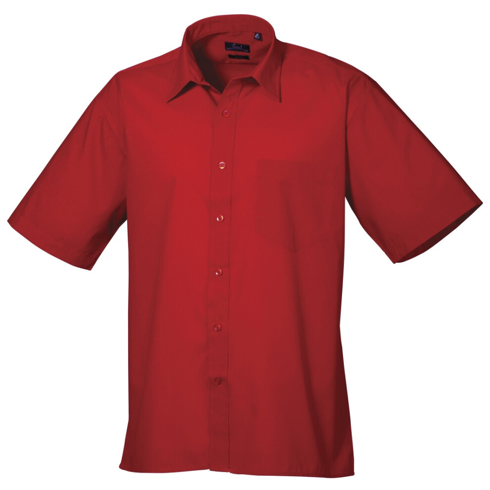 (21, Red) Premier Mens Short Sleeve Formal Poplin Plain Work Shirt