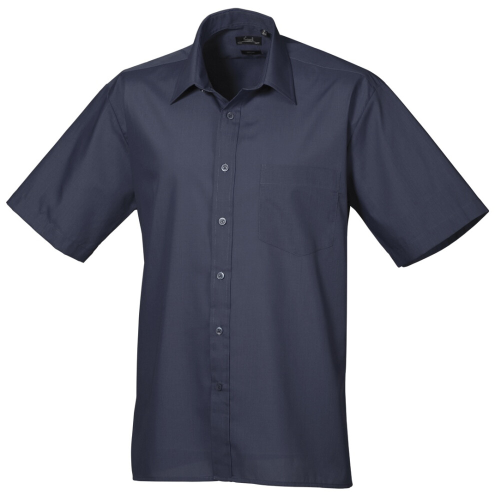 (20, Navy) Premier Mens Short Sleeve Formal Poplin Plain Work Shirt