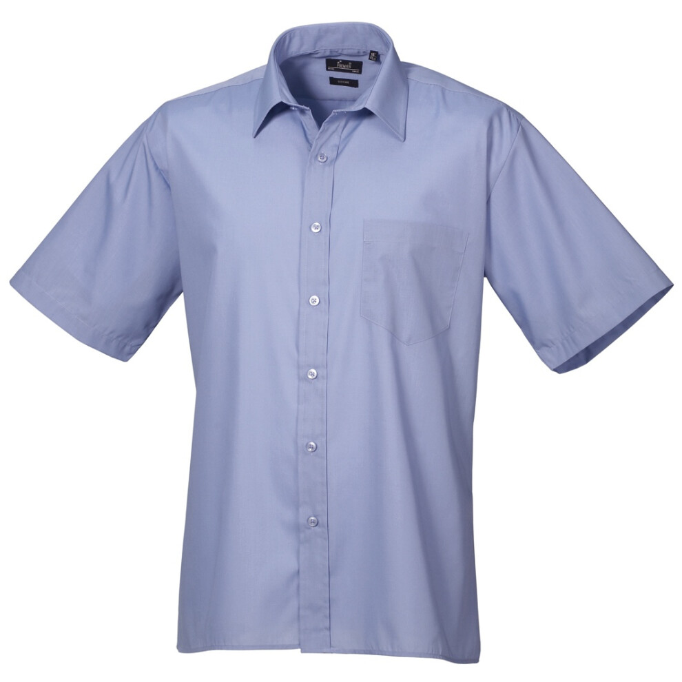 (22, Mid Blue) Premier Mens Short Sleeve Formal Poplin Plain Work Shirt