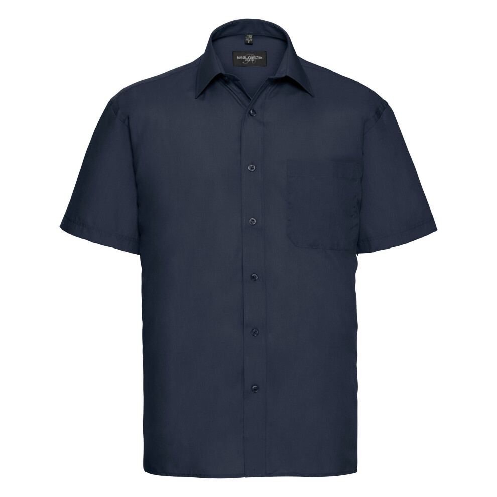(15.5, French Navy) Russell Collection Mens Short Sleeve Poly-Cotton Easy Care Poplin Shirt