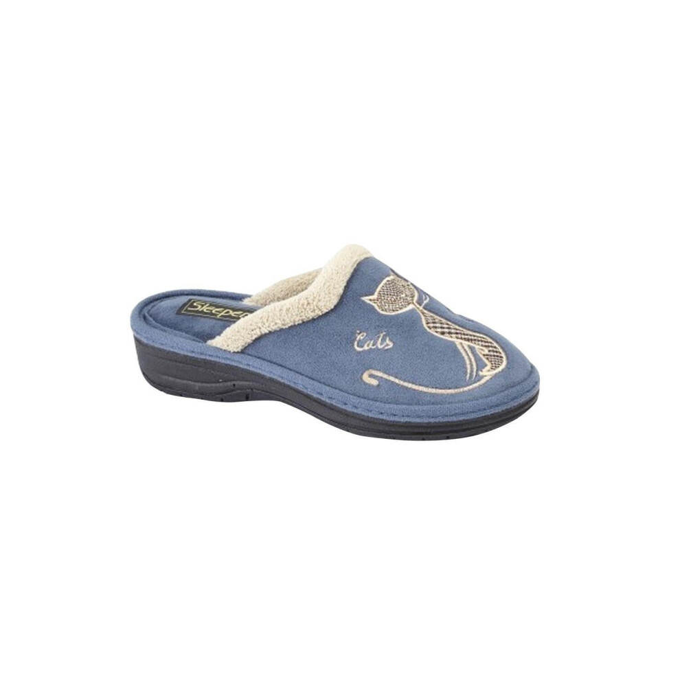 (5 UK, Navy) Boulevard Womens/Ladies Cat Motif Cuff Mule Slippers