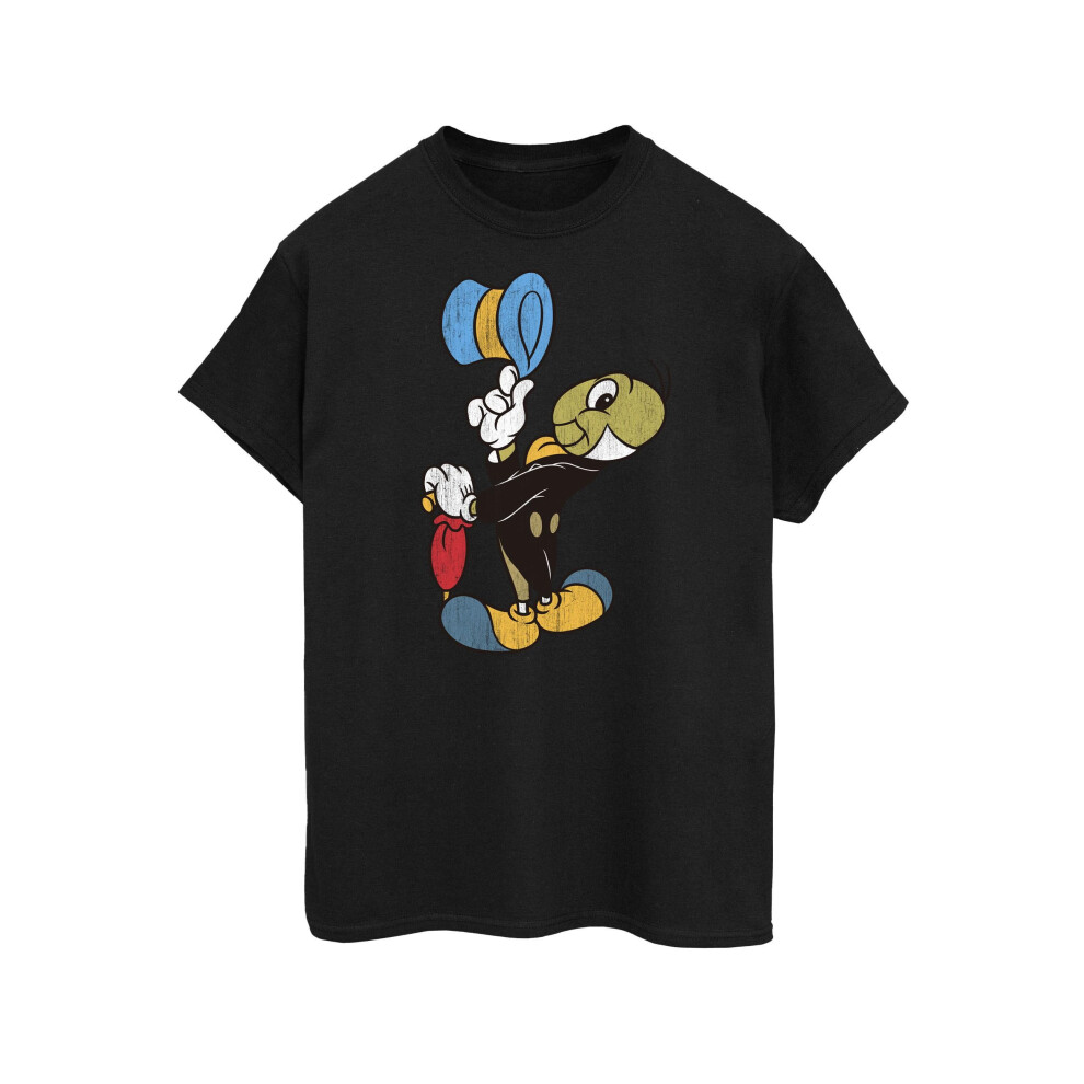 (L, Black) Disney Womens/Ladies Pinocchio Jiminy Cricket Cotton Boyfriend T-Shirt