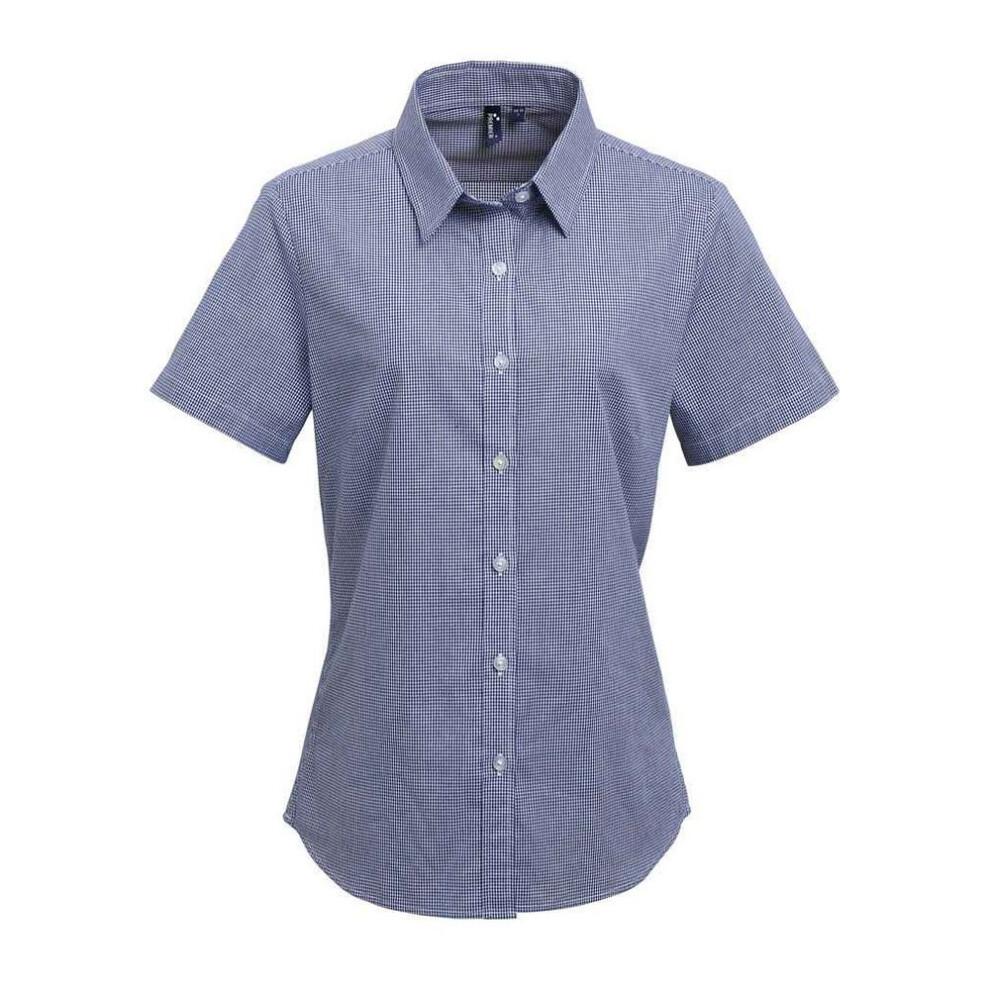(12 UK, Navy/White) Premier Womens/Ladies Gingham Short-Sleeved Shirt