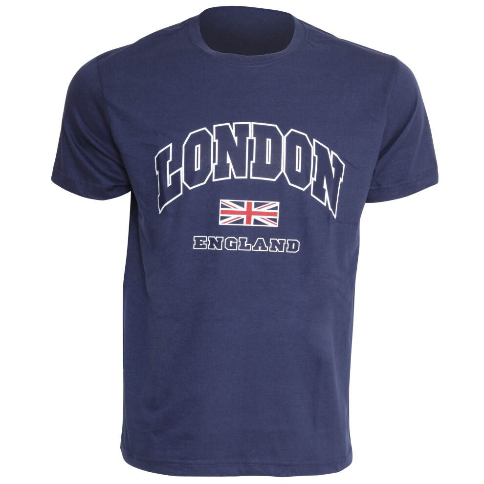 (M - 38inch - 40inch, Navy) Mens London England Print 100% Cotton Short Sleeve Casual T-Shirt/Top